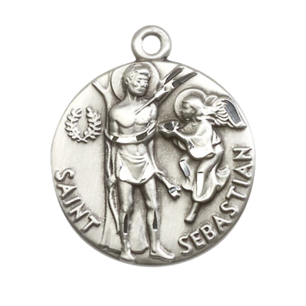 Everlasting Light Jewelry .925 Sterling Silver Saint St. Sebastian Medal Pendant on 24 Inch Endless Rhodium Plated Heavy Curb Chain - Catholic Religious Necklace Made in USA, Deluxe Velvet Gift Box