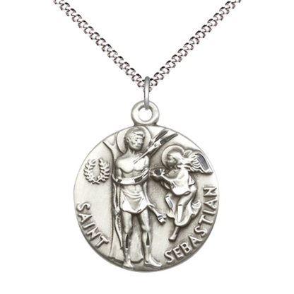 Everlasting Light Jewelry .925 Sterling Silver Saint St. Sebastian Medal Pendant on 18 Inch Rhodium Plated Lite Curb Brass Chain - Catholic Religious Necklace Made in USA, Deluxe Velvet Gift Box