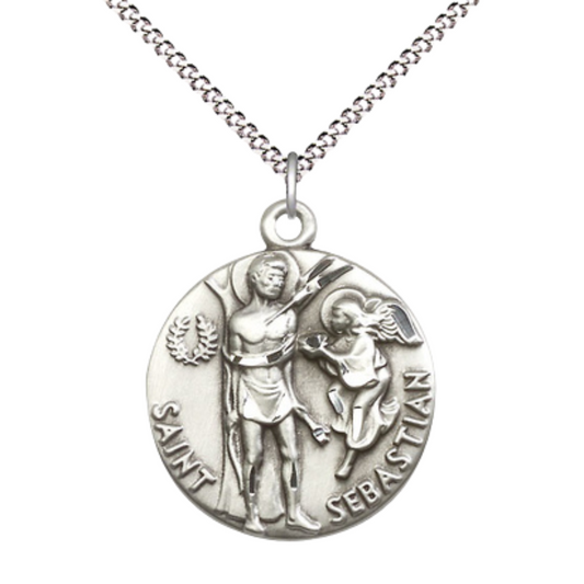 Everlasting Light Jewelry .925 Sterling Silver Saint St. Sebastian Medal Pendant on 18 Inch Rhodium Plated Lite Curb Brass Chain - Catholic Religious Necklace Made in USA, Deluxe Velvet Gift Box