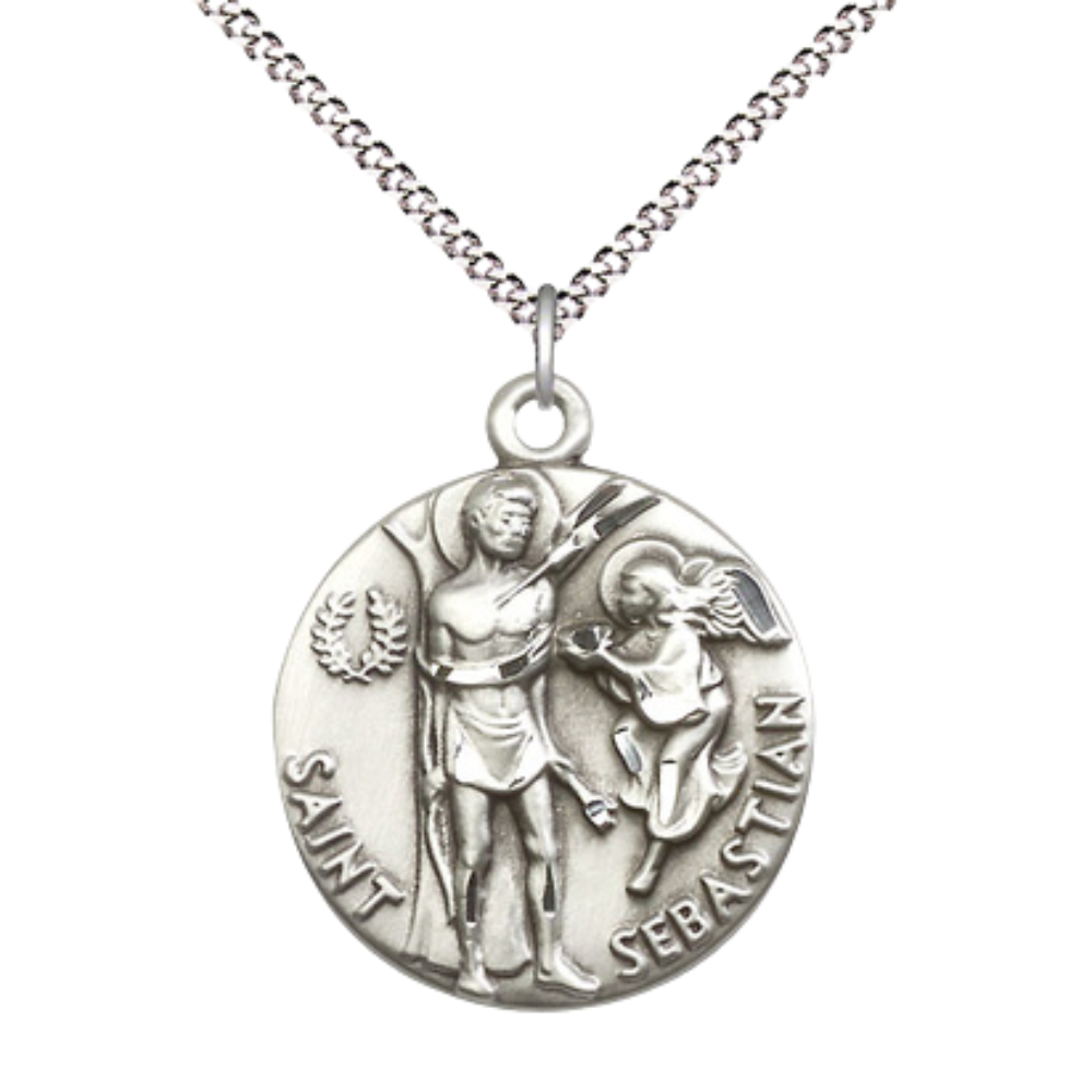 Everlasting Light Jewelry .925 Sterling Silver Saint St. Sebastian Medal Pendant on 18 Inch Rhodium Plated Lite Curb Brass Chain - Catholic Religious Necklace Made in USA, Deluxe Velvet Gift Box