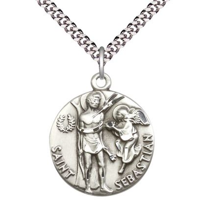 Everlasting Light Jewelry .925 Sterling Silver Saint St. Sebastian Medal Pendant on 24 Inch Endless Rhodium Plated Heavy Curb Chain - Catholic Religious Necklace Made in USA, Deluxe Velvet Gift Box