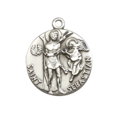 Mens Large Round .925 Sterling Silver St Sebastian Medal Pendant on 24 inch Rhodium Plated Heavy Curb Brass Chain with Lobster Claw Clasp,Catholic Religious Necklace-USA Made Velvet Gift Box