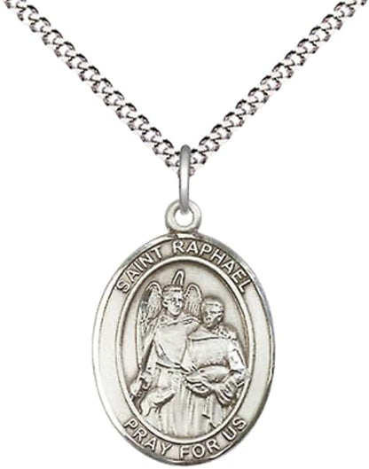 Mens Round Pewter .925 Sterling Silver Saint St. Raphael the Archangel Medal Pendant on 18 Inch Rhodium Plated Lite Curb Brass Chain w/ Lobster Claw Clasp, Catholic Religious Necklace - Made in USA- Prayer Card Included