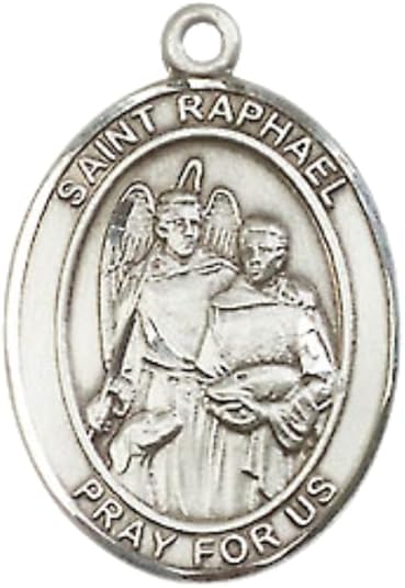 Mens Round Pewter .925 Sterling Silver Saint St. Raphael the Archangel Medal Pendant on 18 Inch Rhodium Plated Lite Curb Brass Chain w/ Lobster Claw Clasp, Catholic Religious Necklace - Made in USA- Prayer Card Included