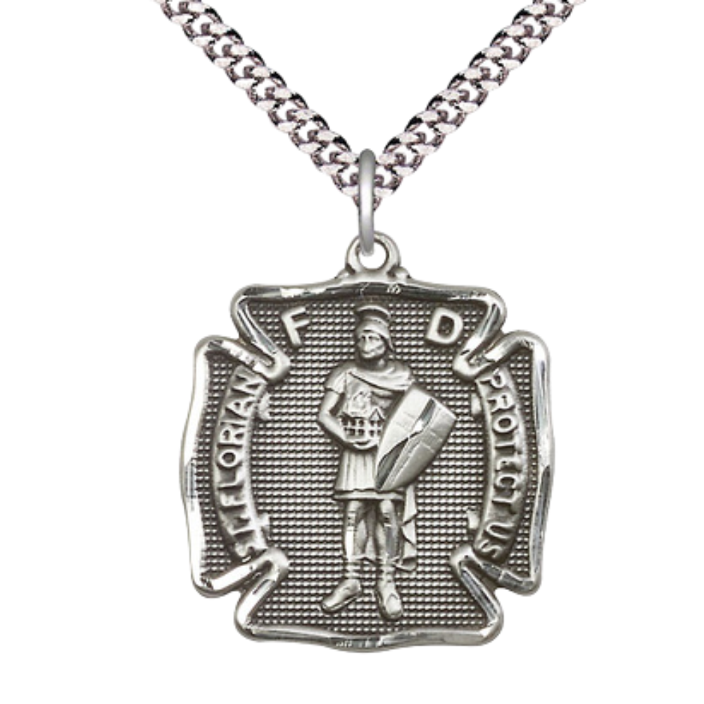 Sterling Silver St. Florian Medal – Patron Saint of Firefighters with 24” Light Rhodium Heavy Curb Chain