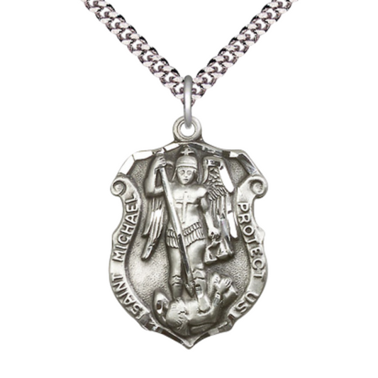 Sterling Silver Saint Michael the Archangel Shield Medal – Patron Saint of Police Officers & EMTs with 24” Light Rhodium Heavy Curb Chain