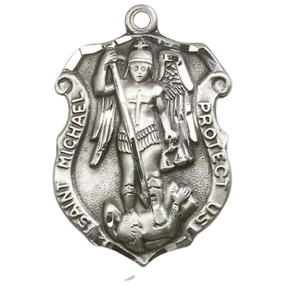 Sterling Silver Saint Michael the Archangel Shield Medal – Patron Saint of Police Officers & EMTs with 24” Light Rhodium Heavy Curb Chain