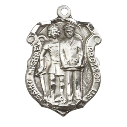 .925 Sterling Silver Saint St. Michael the Archangel Police Shield Medal Pendant on 18 Inch Rhodium Plated Lite Curb Brass Chain - Catholic Religious Necklace Made in USA, Deluxe Velvet Gift Box