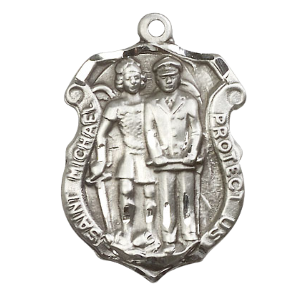 Everlasting Light Jewelry Pewter Saint St. Michael the Archangel Police Shield Medal Pendant on 18 Inch Rhodium Plated Lite Curb Brass Chain - Catholic Religious Necklace Made in USA, Deluxe Velvet Gift Box
