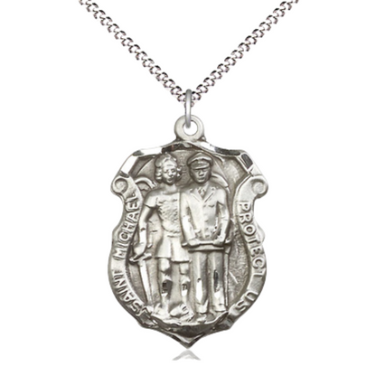 .925 Sterling Silver Saint St. Michael the Archangel Police Shield Medal Pendant on 18 Inch Rhodium Plated Lite Curb Brass Chain - Catholic Religious Necklace Made in USA, Deluxe Velvet Gift Box
