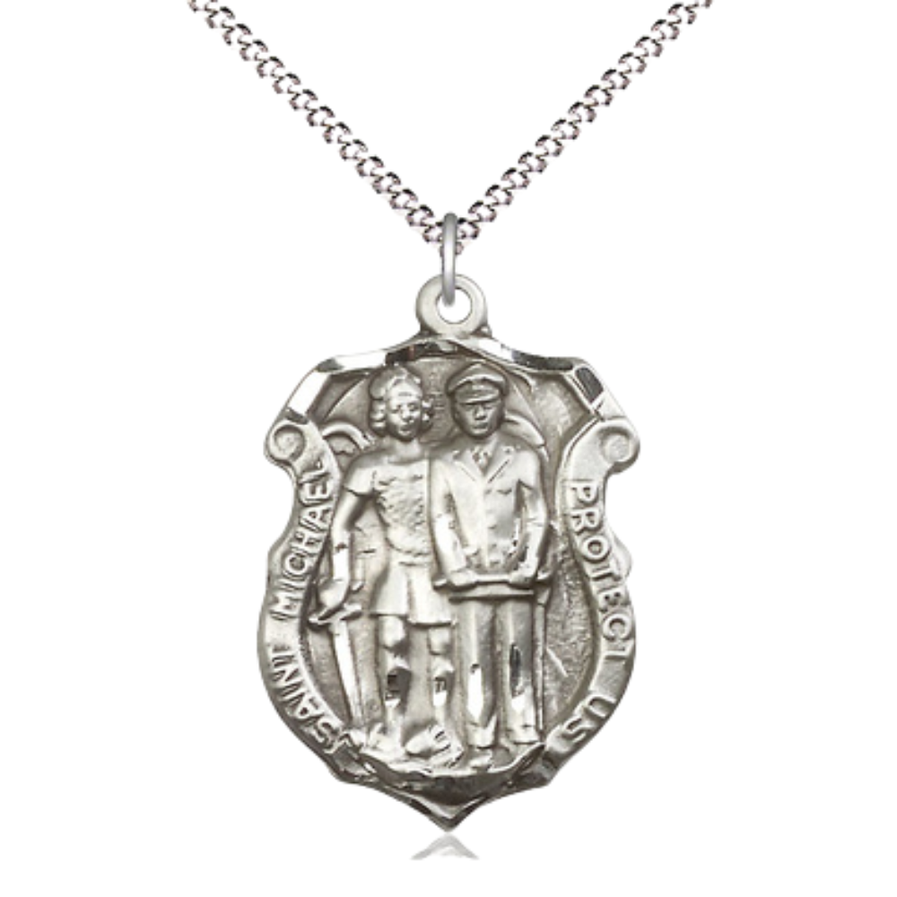 .925 Sterling Silver Saint St. Michael the Archangel Police Shield Medal Pendant on 18 Inch Rhodium Plated Lite Curb Brass Chain - Catholic Religious Necklace Made in USA, Deluxe Velvet Gift Box
