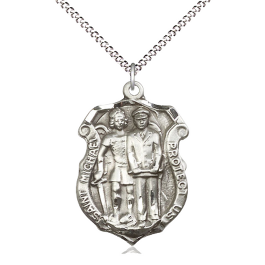 .925 Sterling Silver Saint St. Michael the Archangel Police Shield Medal Pendant on 18 Inch Rhodium Plated Lite Curb Brass Chain - Catholic Religious Necklace Made in USA, Deluxe Velvet Gift Box