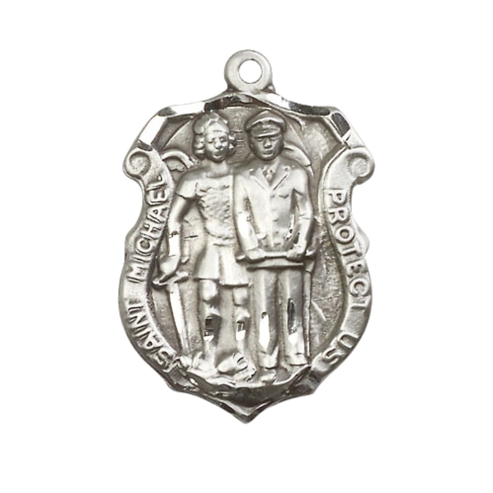Everlasting Light Jewelry Mens Shield Pewter Saint St. Michael the Archangel Police Shield on 24 Inch Rhodium Plated Heavy Curb Brass Chain w/Lobster Claw Clasp, Catholic Religious Necklace- USA Made Gift Boxed