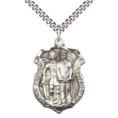 Everlasting Light Jewelry Mens Shield Pewter Saint St. Michael the Archangel Police Shield on 24 Inch Rhodium Plated Heavy Curb Brass Chain w/Lobster Claw Clasp, Catholic Religious Necklace- USA Made Gift Boxed