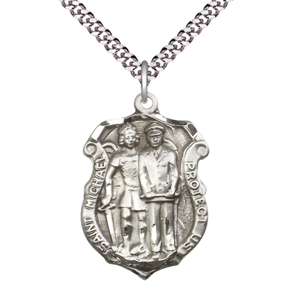 .925 Sterling Silver St. Michael the Archangel Police Shield Medal Pendant on 24 Inch Endless Rhodium Plated Heavy Curb Chain -Catholic Religious Necklace Made in USA,Deluxe Velvet Gift Box