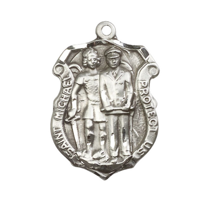 .925 Sterling Silver St. Michael the Archangel Police Shield Medal Pendant on 24 Inch Endless Rhodium Plated Heavy Curb Chain -Catholic Religious Necklace Made in USA,Deluxe Velvet Gift Box