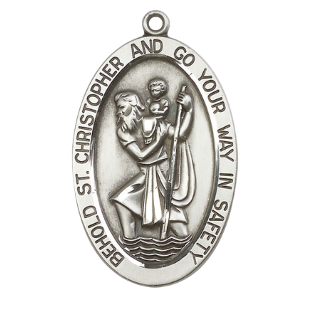 Everlasting Light Jewelry .925 Sterling Silver Saint St. Christopher Medal Pendant on 18 Inch Rhodium Plated Lite Curb Brass Chain - Catholic Religious Necklace Made in USA, Deluxe Velvet Gift Box