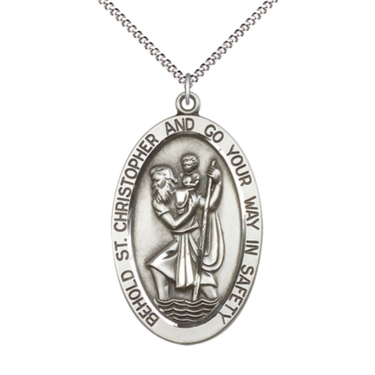 Everlasting Light Jewelry .925 Sterling Silver Saint St. Christopher Medal Pendant on 18 Inch Rhodium Plated Lite Curb Brass Chain - Catholic Religious Necklace Made in USA, Deluxe Velvet Gift Box