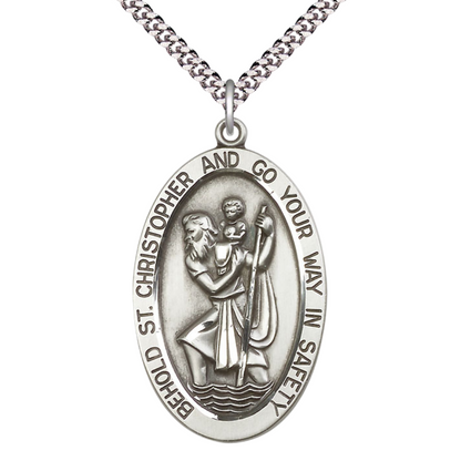Mens Large Oval .925 Sterling Silver Saint St. Christopher 5851 - 1 5/8 x 1 on 24 inch Rhodium Plated Heavy Curb Brass Chain with Lobster Claw Clasp, Catholic Religious Necklace- USA Made Gift Boxed