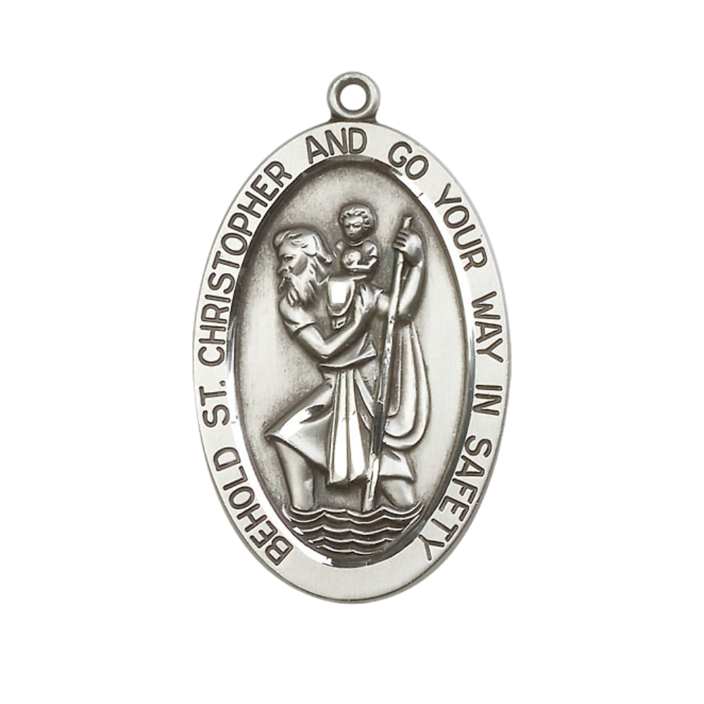 Mens Large Oval .925 Sterling Silver Saint St. Christopher 5851 - 1 5/8 x 1 on 24 inch Rhodium Plated Heavy Curb Brass Chain with Lobster Claw Clasp, Catholic Religious Necklace- USA Made Gift Boxed