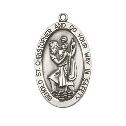 Mens Large Oval .925 Sterling Silver Saint St. Christopher 5851 - 1 5/8 x 1 on 24 inch Rhodium Plated Heavy Curb Brass Chain with Lobster Claw Clasp, Catholic Religious Necklace- USA Made Gift Boxed