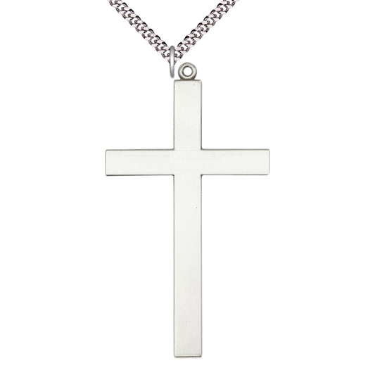 Mens Large Cross .925 Sterling Silver Cross 5960 - 2 5/8 X 1 3/8 on 24 inch Rhodium Plated Heavy Curb Brass Chain with Lobster Claw Clasp, Catholic Religious Necklace- USA Made Gift Boxed