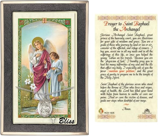 Mens Round Pewter .925 Sterling Silver Saint St. Raphael the Archangel Medal Pendant on 18 Inch Rhodium Plated Lite Curb Brass Chain w/ Lobster Claw Clasp, Catholic Religious Necklace - Made in USA- Prayer Card Included