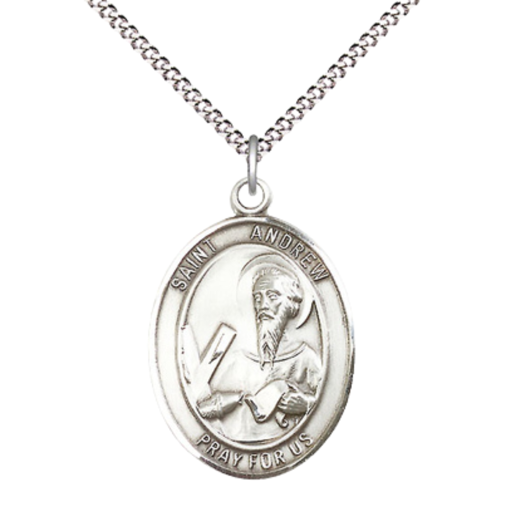 .925 Sterling Silver Saint St. Andrew the Apostle Medal Pendant on 18 Inch Rhodium Plated Lite Curb Brass Chain with Lobster Claw Clasp, Catholic Religious Necklace - Made in USA- Deluxe Velvet Gift Box