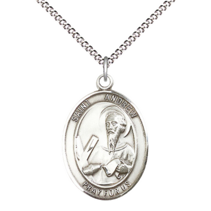 .925 Sterling Silver Saint St. Andrew the Apostle Medal Pendant on 18 Inch Rhodium Plated Lite Curb Brass Chain with Lobster Claw Clasp, Catholic Religious Necklace - Made in USA- Deluxe Velvet Gift Box