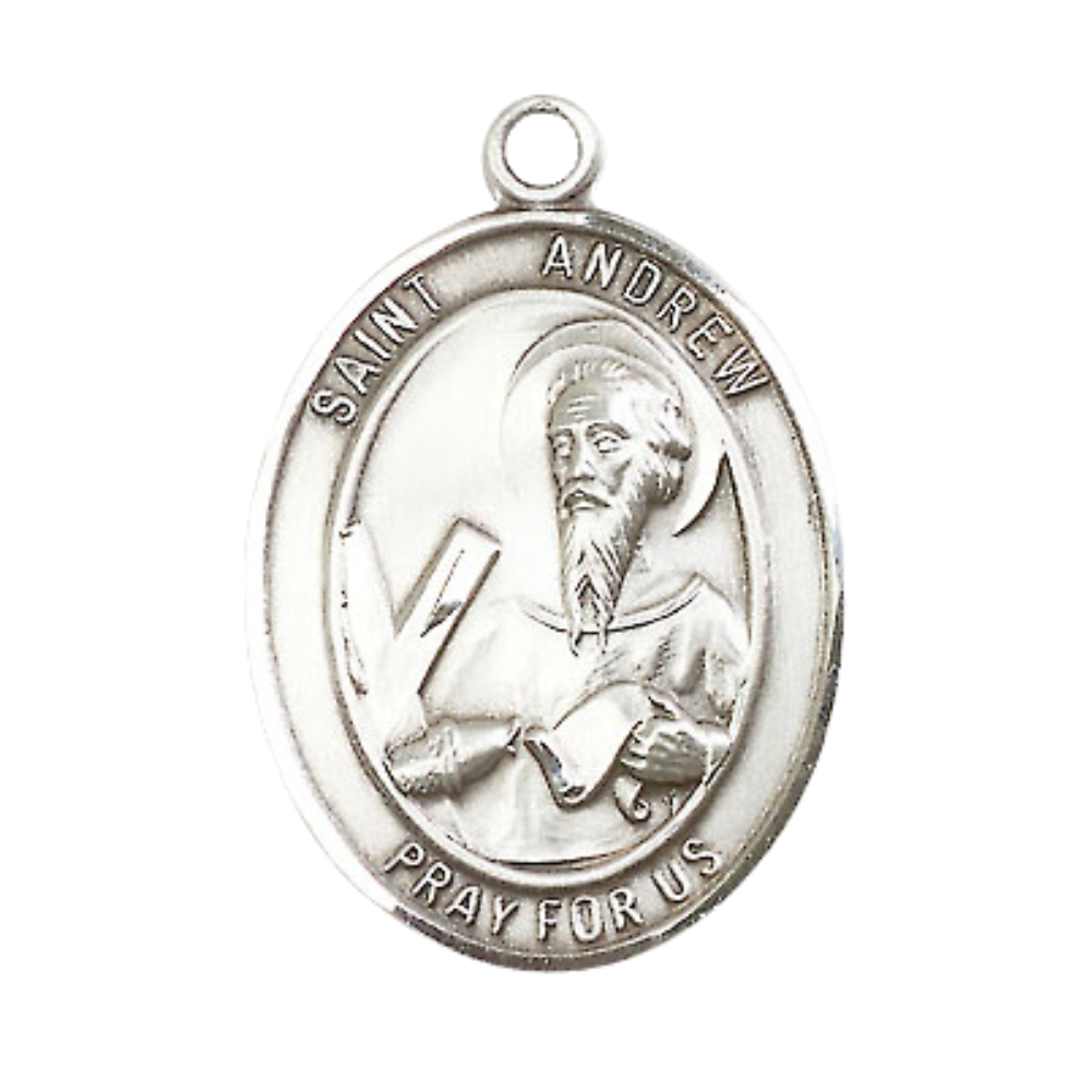 .925 Sterling Silver Saint St. Andrew the Apostle Medal Pendant on 24 Inch Endless Rhodium Plated Heavy Curb Brass Chain, Catholic Religious Necklace - Made in USA- Prayer Card Included