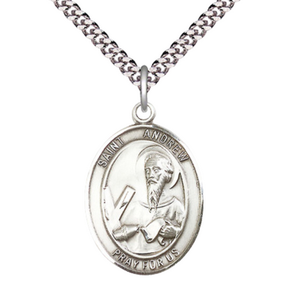 Everlasting Light Jewelry Pewter Saint St. Andrew the Apostle Medal Pendant on 24 Inch Endless Rhodium Plated Heavy Curb Brass Chain, Catholic Religious Necklace - Made in USA- Prayer Card Included