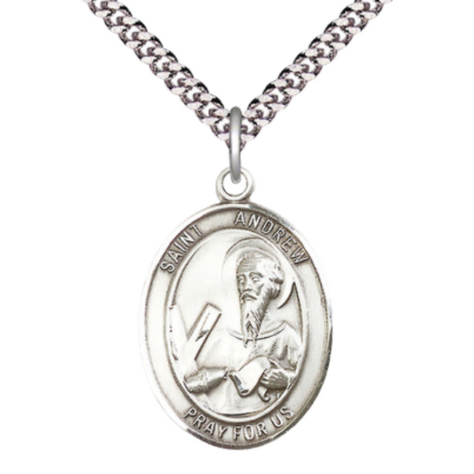 Mens Oval Pewter Saint Andrew the Apostle Medal Pendant on 24" Rhodium Plated Heavy Curb Brass Chain with Lobster Claw clasp, Catholic Religious Necklace -Made in USA- Deluxe Velvet Gift Box