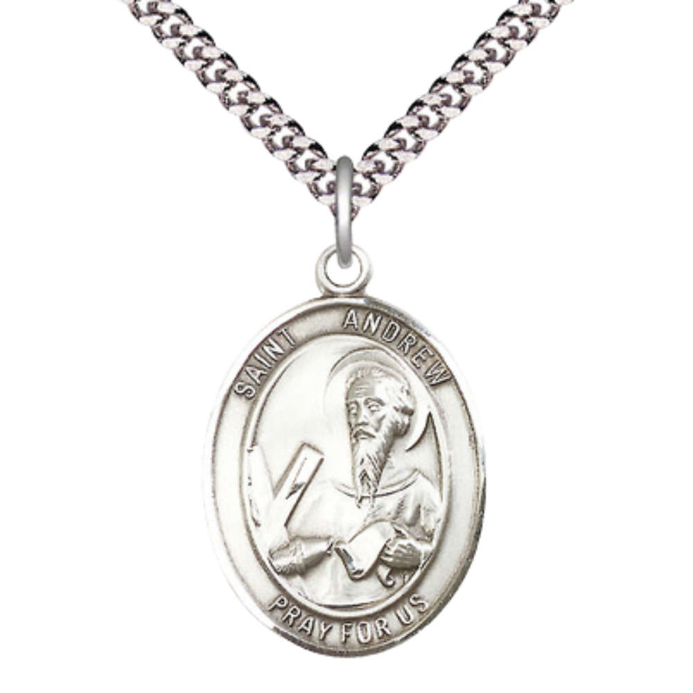 .925 Sterling Silver Saint St. Andrew the Apostle Medal Pendant on 24 Inch Endless Rhodium Plated Heavy Curb Brass Chain, Catholic Religious Necklace - Made in USA- Prayer Card Included