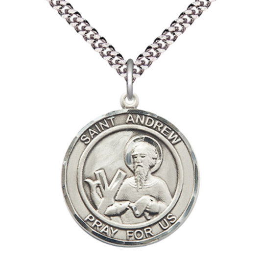 Mens Round Pewter Saint St. Andrew the Apostle Medal Pendant on 24 Inch Rhodium Plated Heavy Curb Brass Chain with Lobster Claw clasp, Catholic Religious Necklace - Made in USA- Velvet Gift Box
