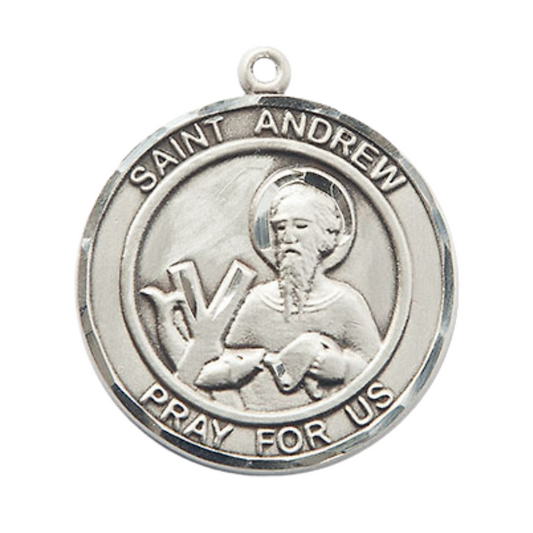 Mens Sterling Silver Saint Andrew the Apostle Medal Pendant on 24" Rhodium Plated Heavy Curb Brass Chain with Lobster Claw clasp, Catholic Religious Necklace -Made in USA- Velvet Gift Box