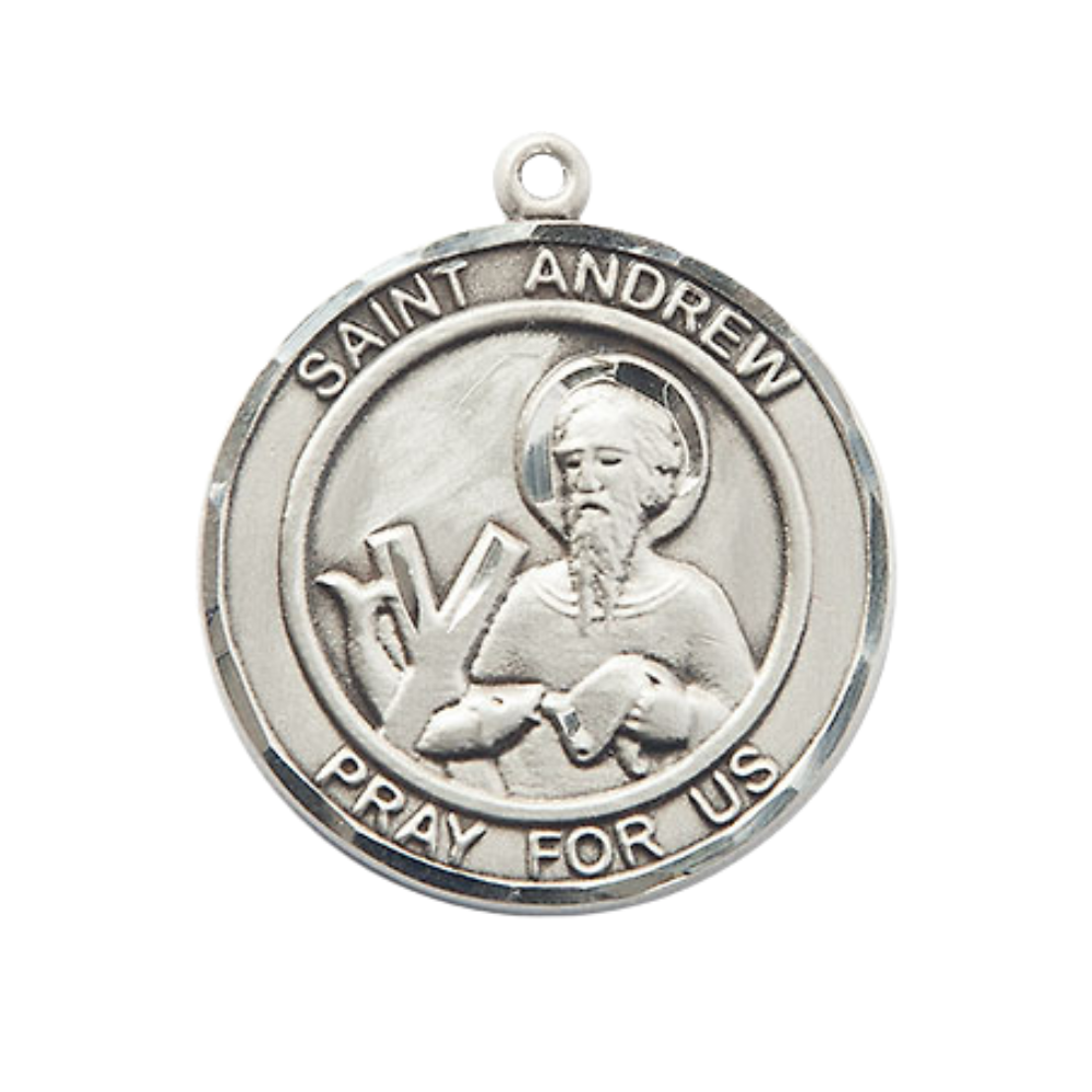 Women's .925 Sterling Silver Saint St. Andrew the Apostle Medal Pendant on 18 Inch Rhodium Plated Lite Curb Brass Chain w/ Lobster Claw Clasp, Catholic Religious Necklace - Made in USA- Deluxe Velvet Gift Box