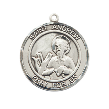 Women's Pewter Saint St. Andrew the Apostle Medal Pendant on 18 Inch Rhodium Plated Lite Curb Brass Chain with Lobster Claw Clasp, Catholic Religious Necklace - Made in USA- Deluxe Velvet Gift Box