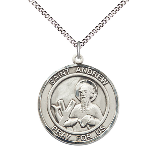 Women's .925 Sterling Silver Saint St. Andrew the Apostle Medal Pendant on 18 Inch Rhodium Plated Lite Curb Brass Chain w/ Lobster Claw Clasp, Catholic Religious Necklace - Made in USA- Deluxe Velvet Gift Box