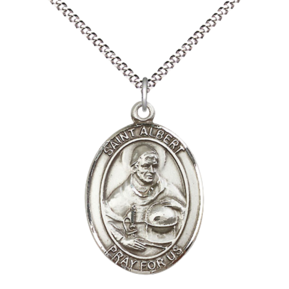 Women's .925 Sterling Silver Saint St. Albert the Great Medal Pendant on 18 Inch Rhodium Plated Lite Curb Brass Chain with Lobster Claw Clasp, Catholic Religious Necklace - Made in USA- Deluxe Velvet Gift Box