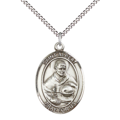 Women's .925 Sterling Silver Saint St. Albert the Great Medal Pendant on 18 Inch Rhodium Plated Lite Curb Brass Chain with Lobster Claw Clasp, Catholic Religious Necklace - Made in USA- Deluxe Velvet Gift Box