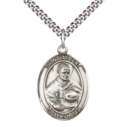 Saint St. Albert the Great Men's .925 Sterling Silver Medal Necklace– Patron Saint St. of Scientists & Philosophers – 24 Inch Light Rhodium Plated Heavy Curb Chain, Catholic Medal – Velvet Gift Box