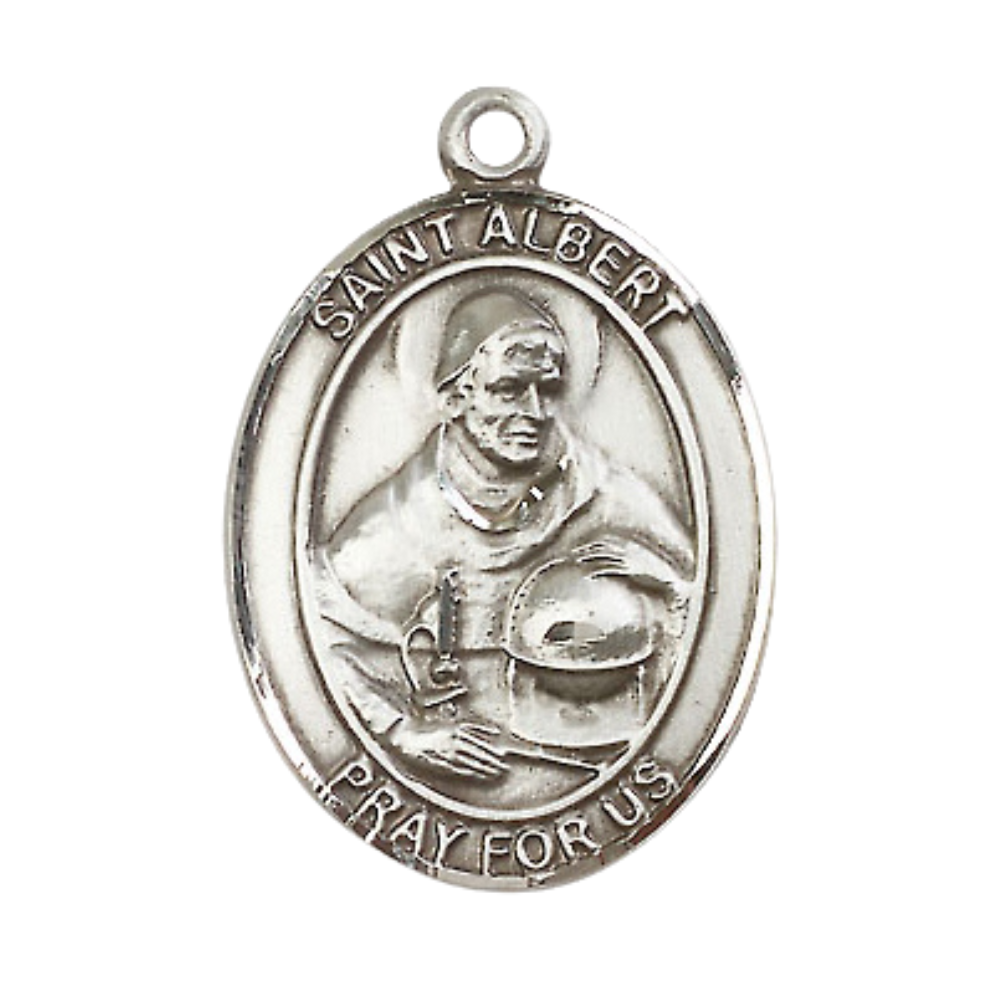 Mens .925 Sterling Silver Saint St. Albert the Great Medal Pendant on 24 Inch Rhodium Plated Heavy Curb Brass Chain with Lobster Claw clasp, Catholic Religious Necklace - Made in USA- Velvet Gift Box