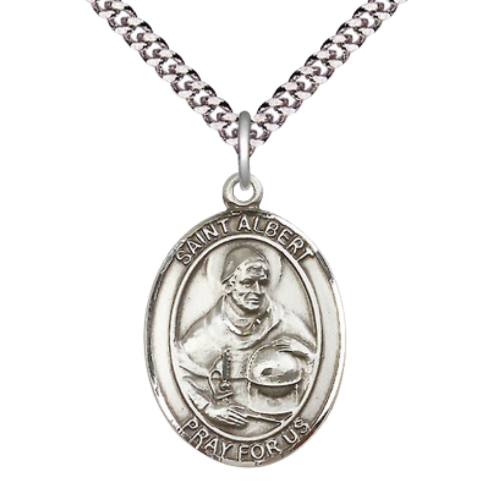 Mens Oval Pewter Saint St. Albert the Great Medal Pendant on 24 Inch Rhodium Plated Heavy Curb Brass Chain with Lobster Claw clasp, Catholic Religious Necklace - Made in USA- Deluxe Velvet Gift Box