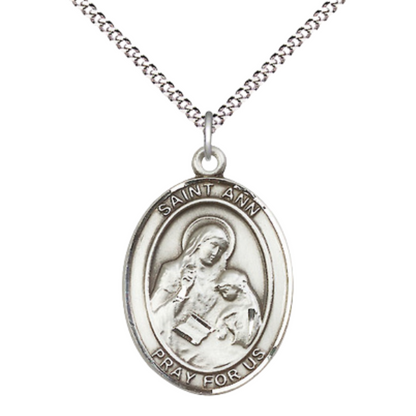 Everlasting Light Jewelry Women's Pewter Saint St. Ann Medal Pendant Necklace with 18 Inch Rhodium Plated Lite Curb Brass Chain– Patron Saint St. of Mothers & Housekeepers, Catholic Medal – Velvet Gift Box Included