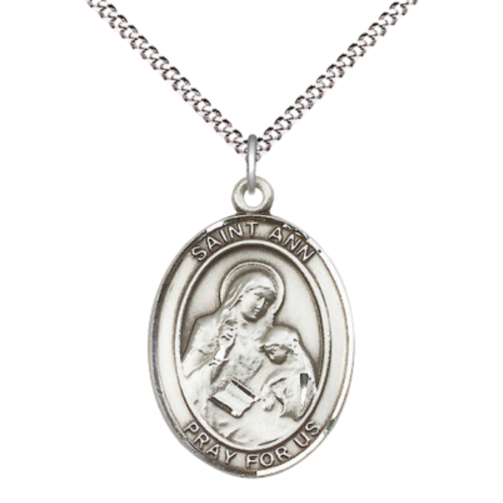 Women's .925 Sterling Silver Saint St. Ann Medal Pendant on 18 Inch Rhodium Plated Lite Curb Brass Chain with Lobster Claw Clasp, Catholic Religious Necklace - Made in USA- Deluxe Velvet Gift Box