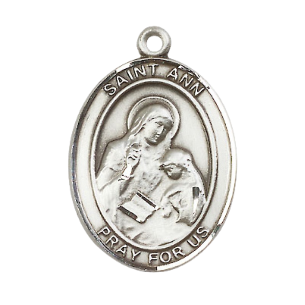 Saint St. Ann Men's .925 Sterling Silver Medal Necklace– Patron Saint St. of Housekeepers & Mothers – 24 Inch Light Rhodium Plated Heavy Curb Chain, Catholic Medal – Velvet Gift Bo