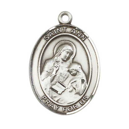 Oval .925 Sterling Silver Saint St. Ann Medal Pendant on 24 inch Rhodium Plated Heavy Curb Brass Chain with Lobster Claw clasp, Catholic Religious Necklace - Made in USA- Deluxe Velvet Gift Box