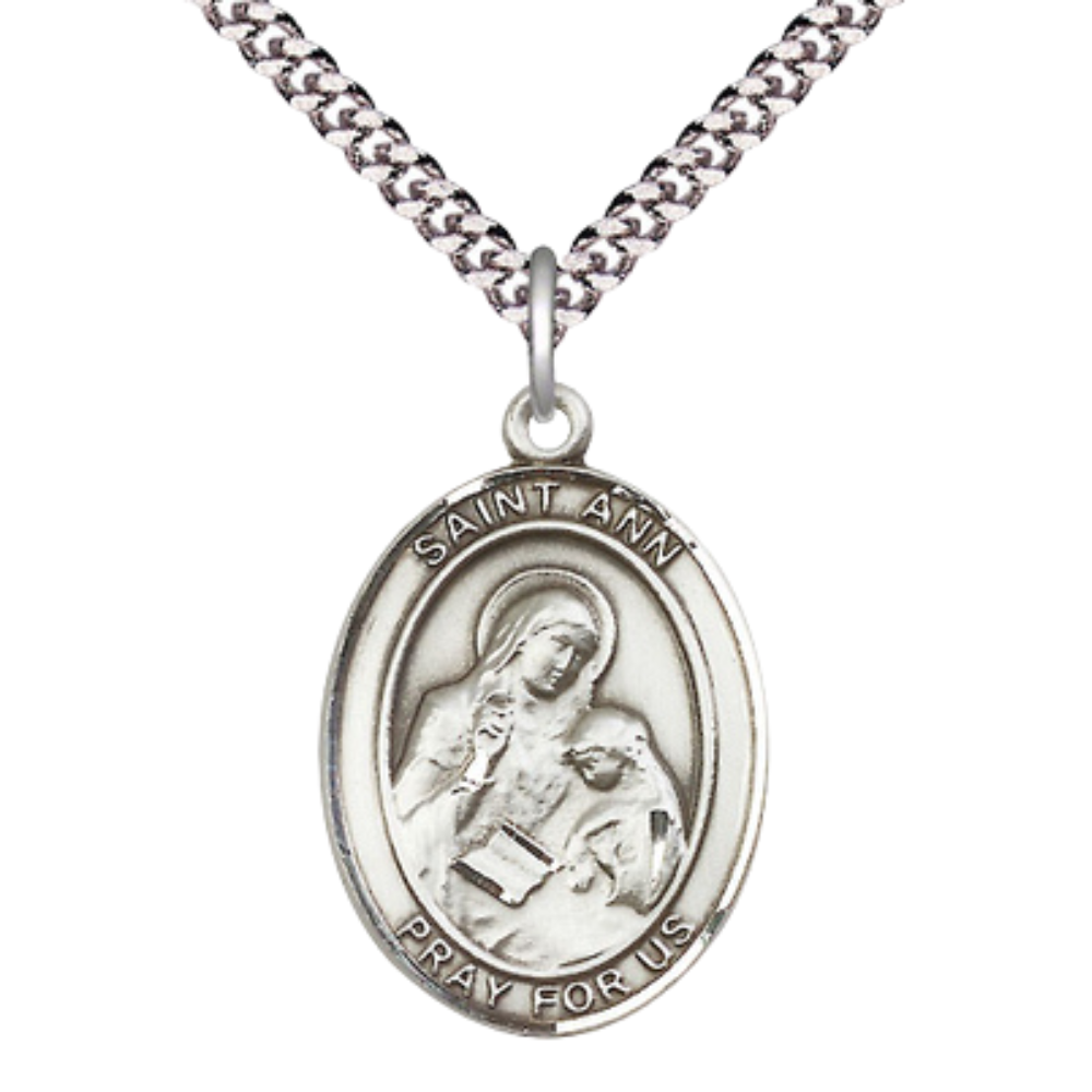 Saint St. Ann Men's Pewter Medal Necklace– Patron Saint St. of Housekeepers & Mothers – 24 Inch Light Rhodium Plated Heavy Curb Chain, Catholic Medal – Velvet Gift Bo