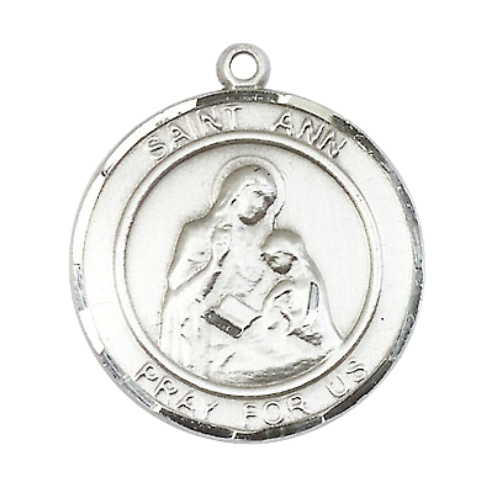 Everlasting Light Jewelry Men's Pewter Saint St. Ann Medal Pendant Christian Necklace – 1" x ? – 24 Inch Endless Rhodium Plated Chain – Patron Saint St. of Housekeepers & Mothers, Catholic Medal – Velvet Gift Box Included