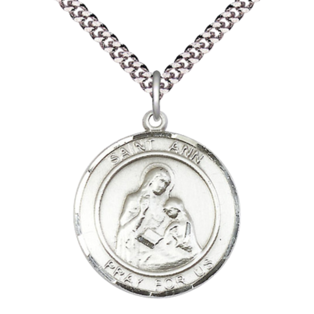 Everlasting Light Jewelry Men's Pewter Saint St. Ann Medal Pendant Christian Necklace – 1" x ? – 24 Inch Endless Rhodium Plated Chain – Patron Saint St. of Housekeepers & Mothers, Catholic Medal – Velvet Gift Box Included